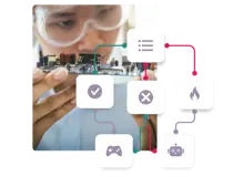 An image of a man looking at a small device overlaid by a SimTutor Author decision tree