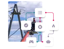 An energy & utilities worker next to a SimTutor Author branching decision tree