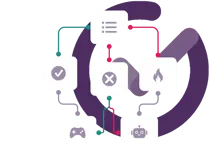 A SimTutor Author branching decision tree with the logo checkmark behind it