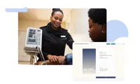 A woman taking someone's blood pressure and quiz results on SIMTICS