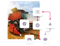 A large agricultural machine next to a SimTutor Author branching decision tree